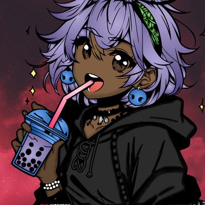hot baddie anime girl drinking boba and biting the straw