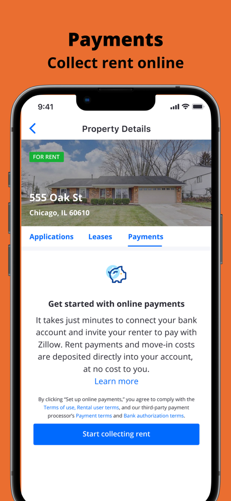 Uno screenshot dell'interfaccia dell'app Zillow Rental Manager che mostra la configurazione del pagamento dell'affitto online per un annuncio di proprietà a Chicago