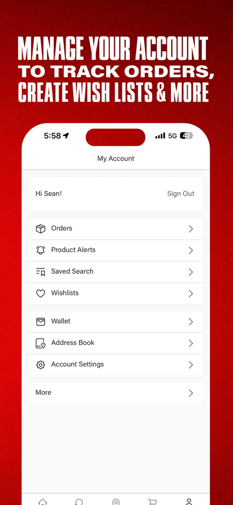 Guitar Center app My Account screen displaying options for orders, product alerts, and wishlists.