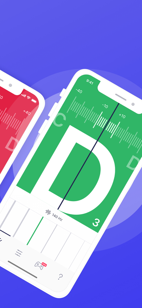 Tuner ONE app interface showing a large green D indicating a guitar string is in tune