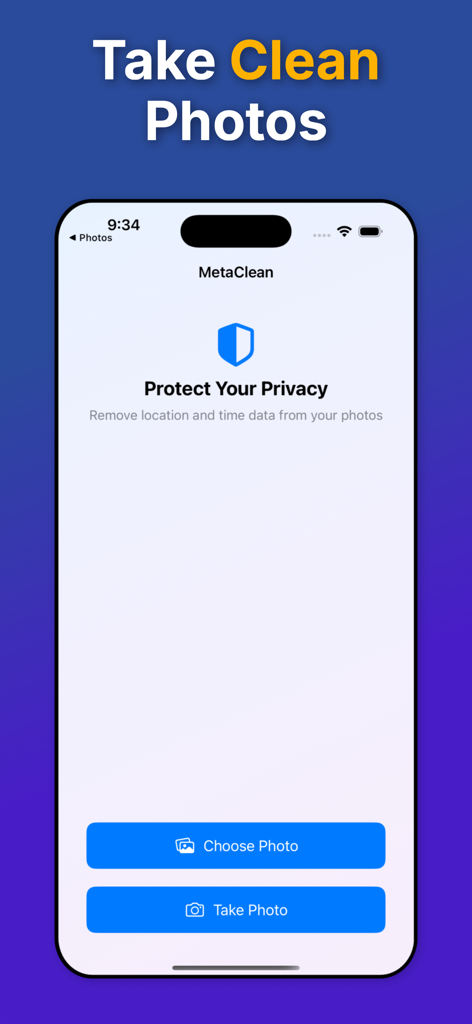 Pantalla de inicio de la aplicación MetaClean en iPhone que muestra opciones para elegir o tomar fotos para eliminar metadatos sensibles.