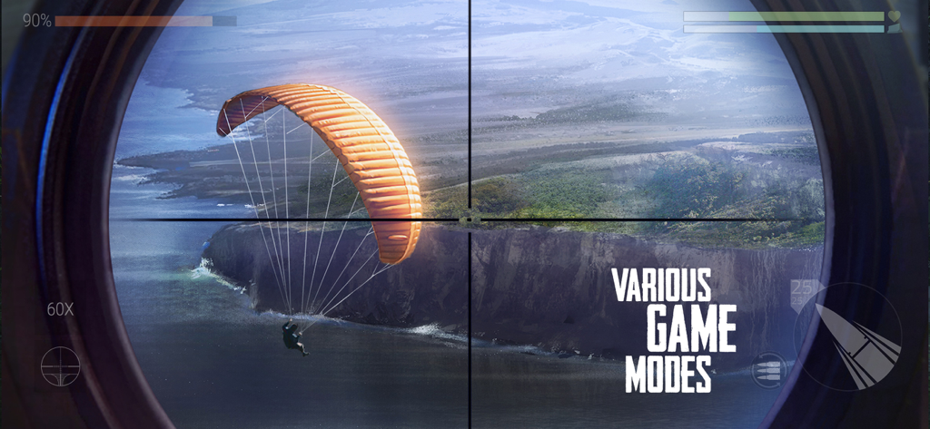 Cover Fire: Gun Shooting games - Vista de la mira de un francotirador apuntando a un parapentista en el juego de disparos Cover Fire