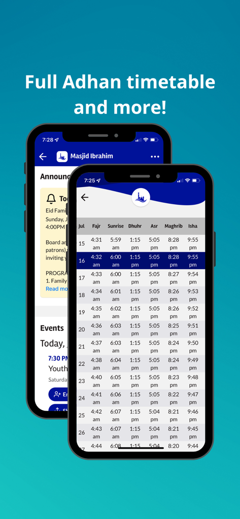 The Masjid App showing prayer times timetable and local mosque events