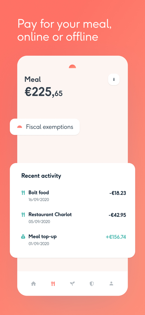 Coverflex - Coverflex app interface showing meal benefit balance and recent transactions for restaurants and food delivery