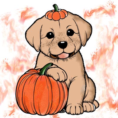 a realistic puppywith a pumpkin on his head