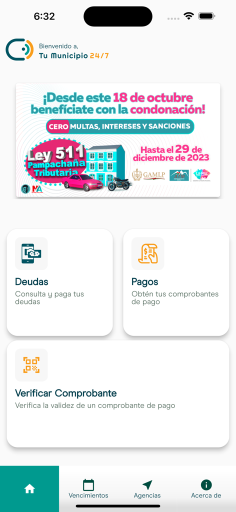 Tu Municipio 24/7 - Pantalla de inicio de la aplicación Tu Municipio 24 7 para pagos de impuestos municipales bolivianos que muestra opciones para consulta de deudas y verificación de pagos