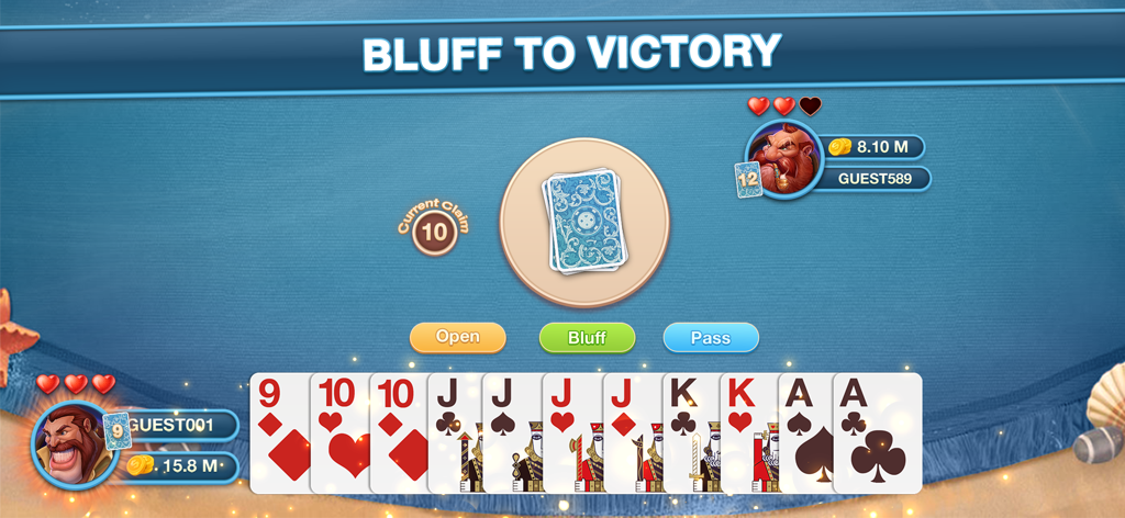 Bluff Card Game - Strategic match in Bluff Card Game showing player hand and options to open bluff or pass