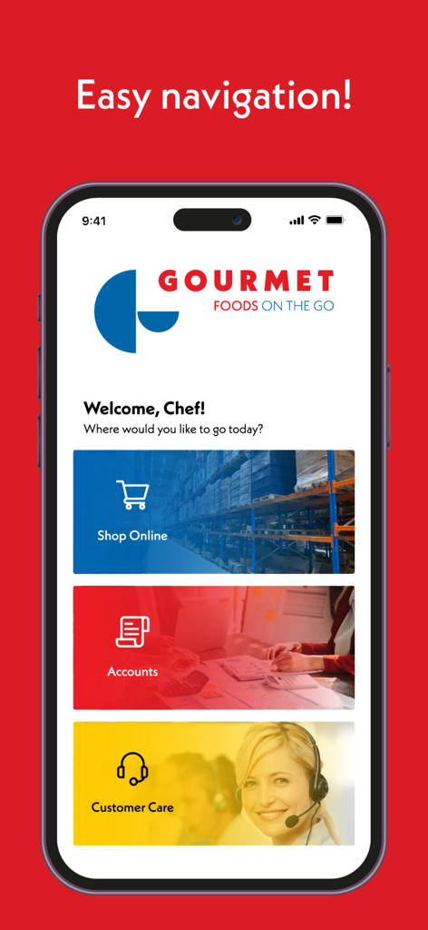 Dashboard of the Gourmet Foods app for chefs featuring Shop Online, Accounts, and Customer Care buttons.