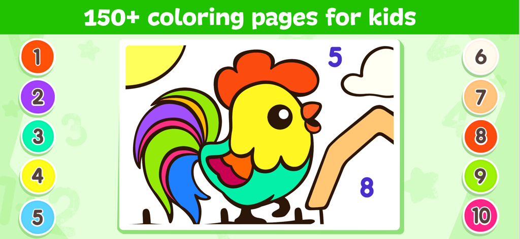 Coloring Games for Kids 2-5 - A colorful rooster in a math-themed coloring game for kids