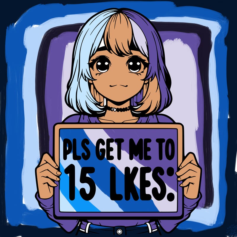 realistic girl holding up a sign that says “pls get me to 15 likes!”