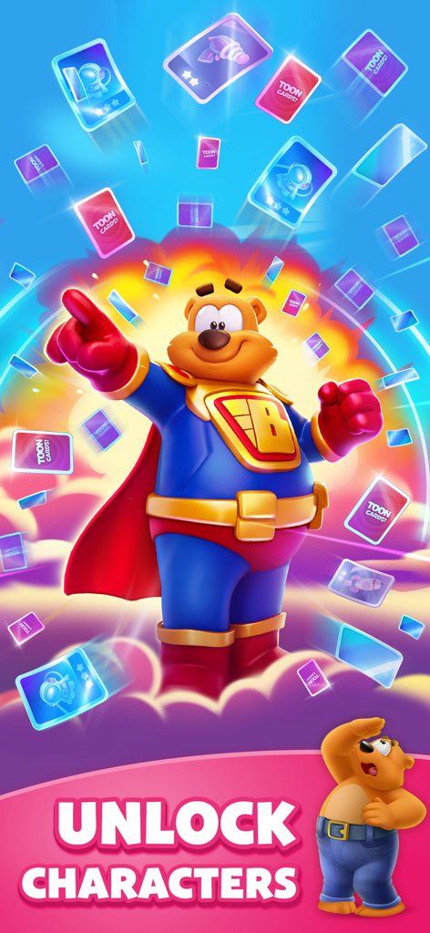 Bruno Bear dressed as a superhero surrounded by flying collectible cards with the text unlock characters
