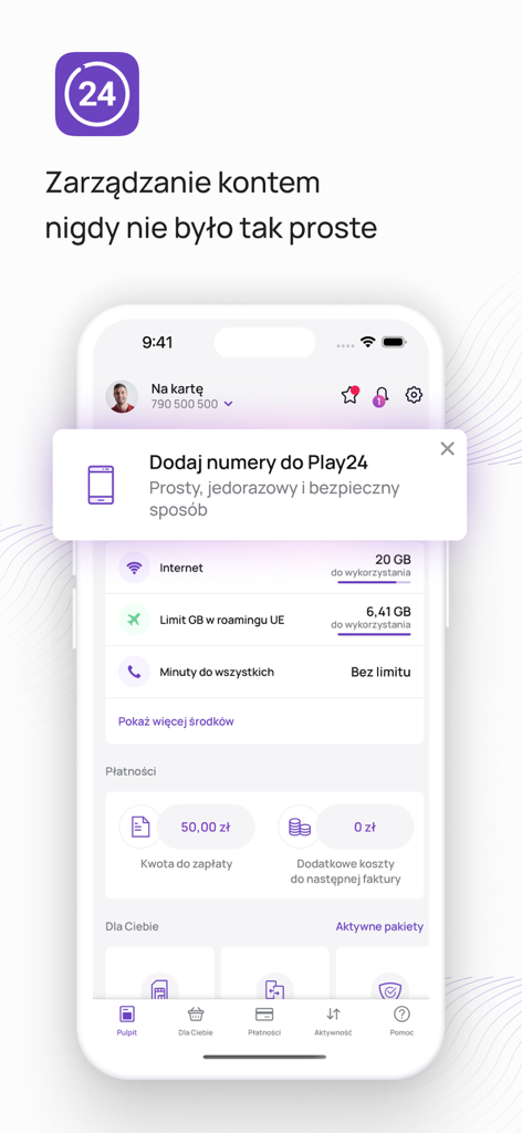 Interfaz de la aplicación Play24 que muestra el uso de datos móviles y la información de facturación