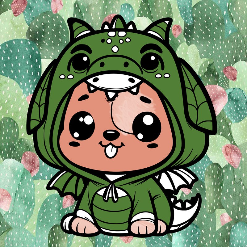 show me a pic of a cute dog, wearing a dragon hoodie