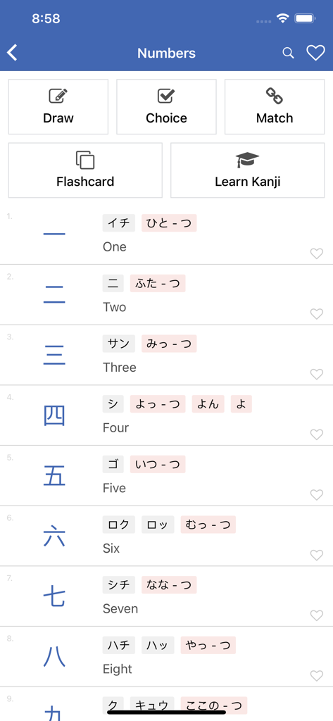 Learn Japanese - jHami - Interface of jHami app displaying Japanese kanji numbers from one to nine with their readings and study modes
