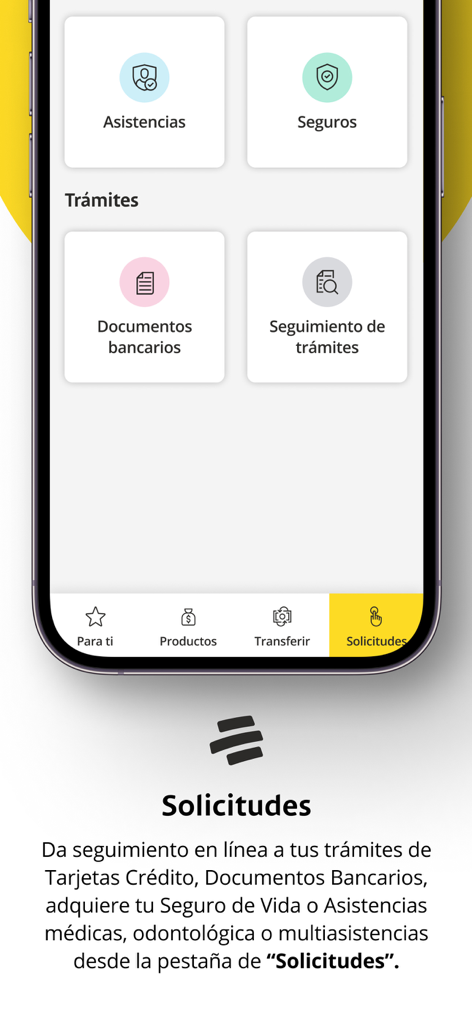 Banistmo APP Personas - Pantalla de solicitudes de la aplicación móvil Banistmo con opciones de seguros y documentos bancarios