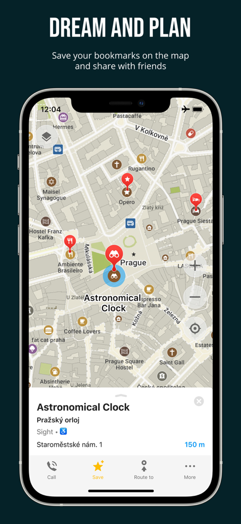 Organic Maps app showing a detailed city map of Prague with saved bookmarks and location details
