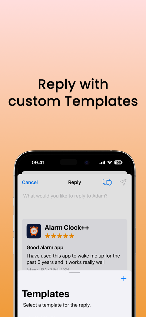 Five Stars: Reviews & Ratings - Interface for replying to app reviews using customizable templates in the Five Stars app.