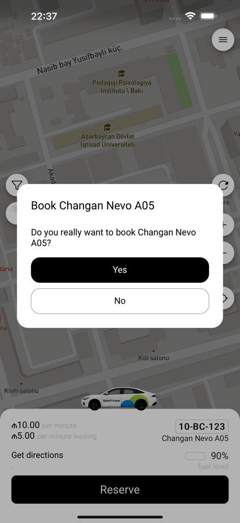 BeFree - Carsharing in Baku - Booking confirmation pop up for a Changan Nevo A05 car in the BeFree carsharing app