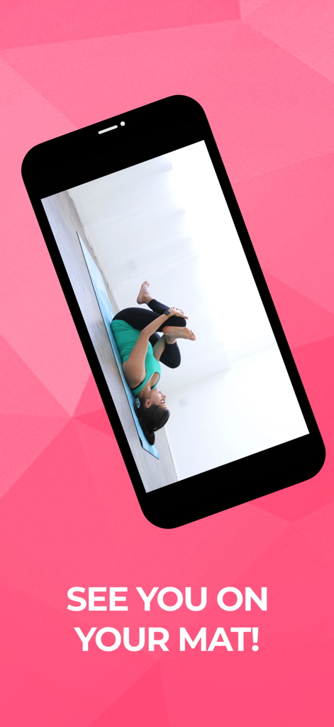SarahBethYoga - A woman performing a yoga pose on a mat displayed inside a smartphone screen with the text See you on your mat.