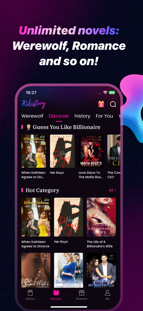 Kikistory - Read Good Novel - Kikistory app interface displaying trending romance billionaire and werewolf novels