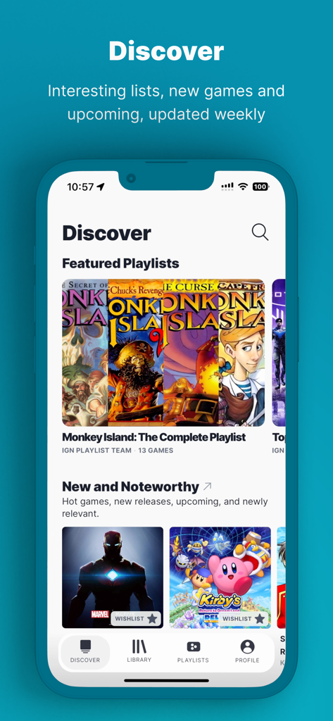 IGN Playlist App Discover-Tab mit kuratierten Spielelisten und neuen Veröffentlichungen