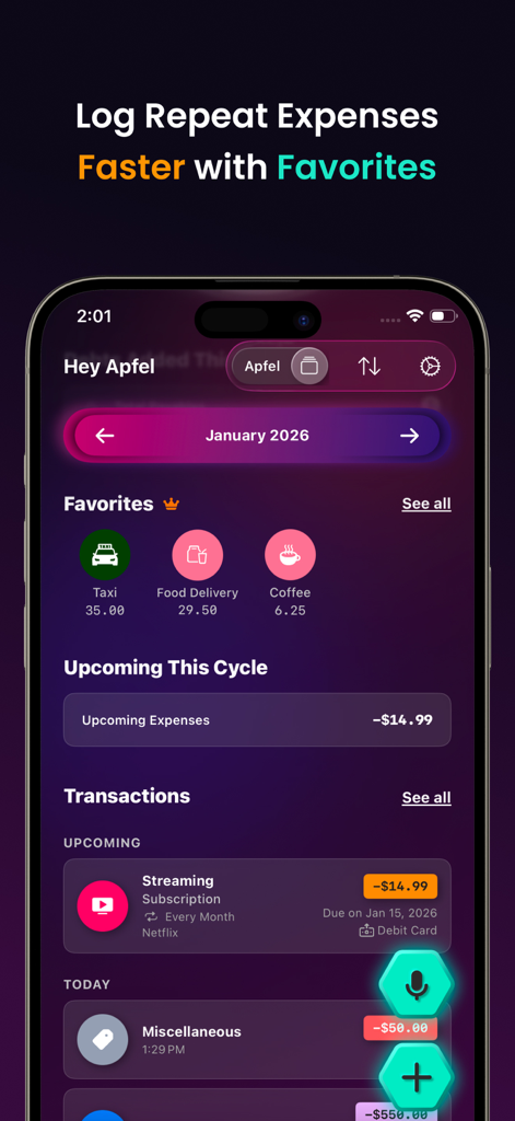 Kora Daily Expense Tracker - Kora 일일 지출 추적기용 모바일 앱 인터페이스가 택시, 음식, 커피에 대한 즐겨찾기 지출 바로가기와 예정된 구독 세부 정보를 표시하고 있습니다.