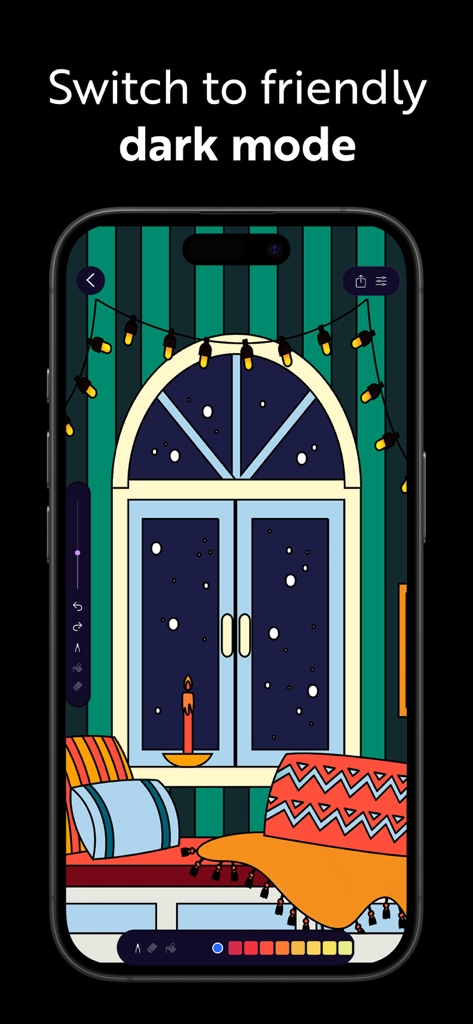 Zenful: Cozy Coloring Books - Smartphone displaying a cozy indoor illustration in Zenful coloring app featuring its friendly dark mode interface.