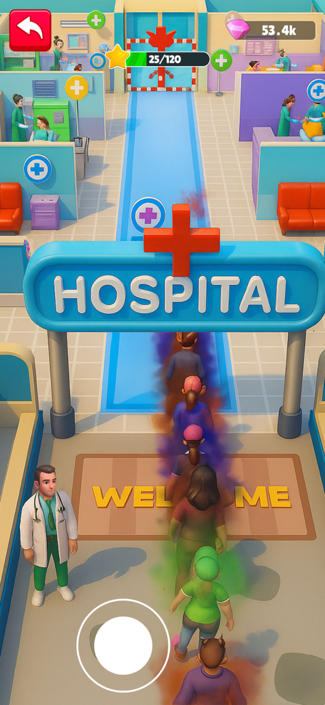 Glow & Guru Satisfying ASMR - A mobile game screenshot showing a hospital entrance with a queue of patients and a doctor character.