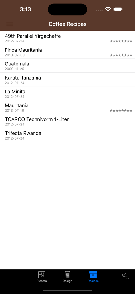 A list of saved coffee recipes within the VST CoffeeTools PRO app showing origin and dates