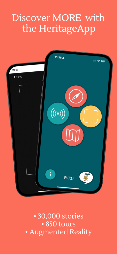 Heritage App - ヘリテージアプリのインターフェースをスマートフォンに表示し、拡張現実などの機能と30,000のストーリーや850のツアーへのアクセスを表示