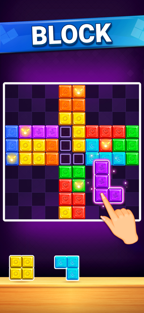 Tela de jogabilidade de Block Puzzles mostrando uma mão arrastando uma peça de bloco roxa para uma grade de puzzle colorida.