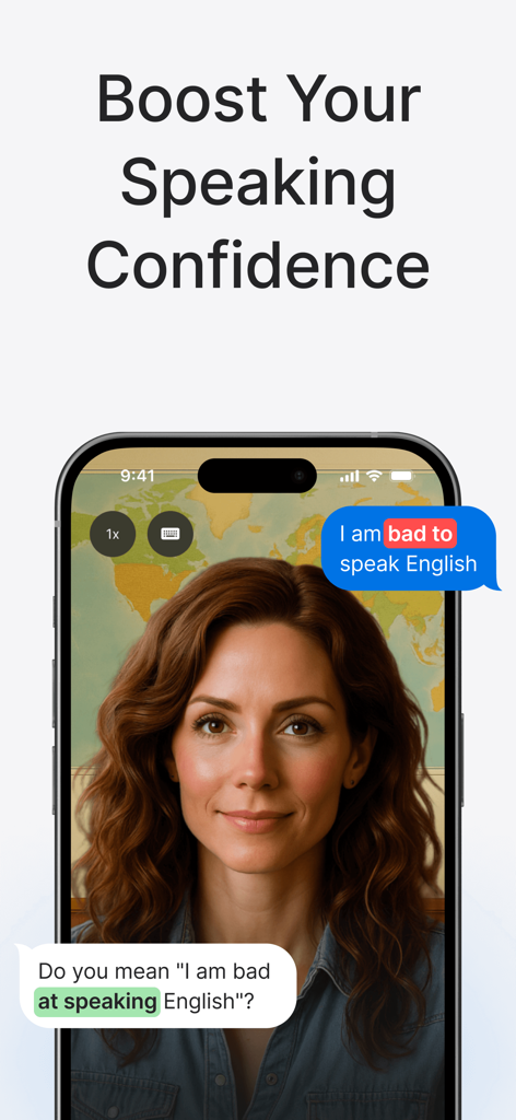 Learn Languages: Speak Avatar - A smartphone showing an AI tutor providing real-time grammar feedback to help a user boost their speaking confidence