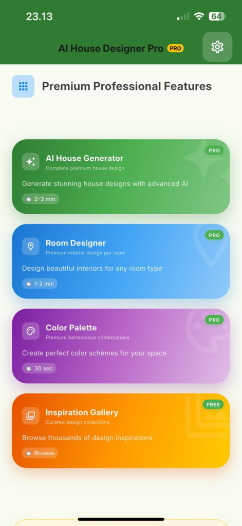 AI House Designer Pro - Dashboard of AI House Designer Pro app showcasing professional features including AI house generator room designer and color palette tools