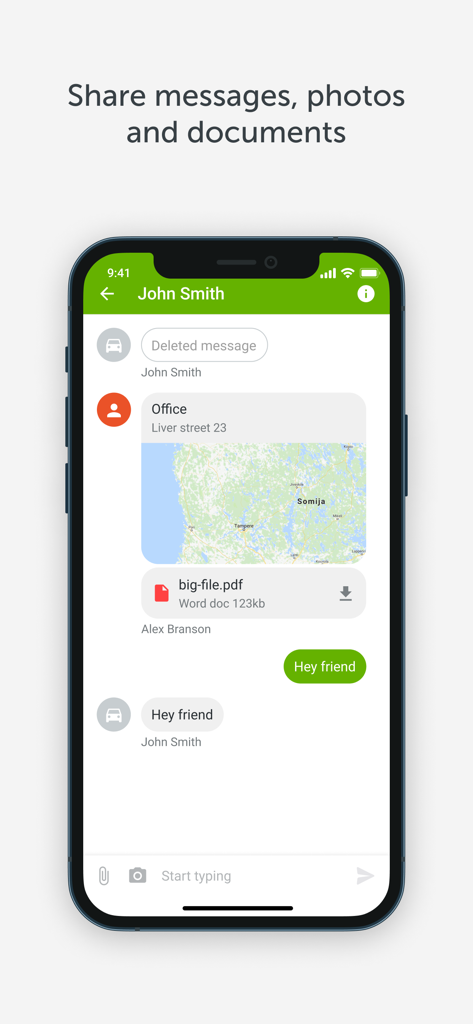 Mapon Manager - A screenshot of the Mapon Manager app's chat interface showing messages, a map location, and a shared PDF document.