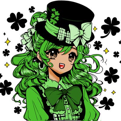 a manga-style girl with clovers around her, a little hat in her hair, like it's saint patrick's day