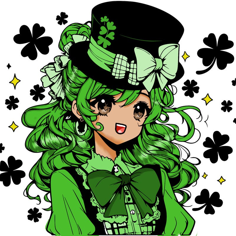 a manga-style girl with clovers around her, a little hat in her hair, like it's saint patrick's day