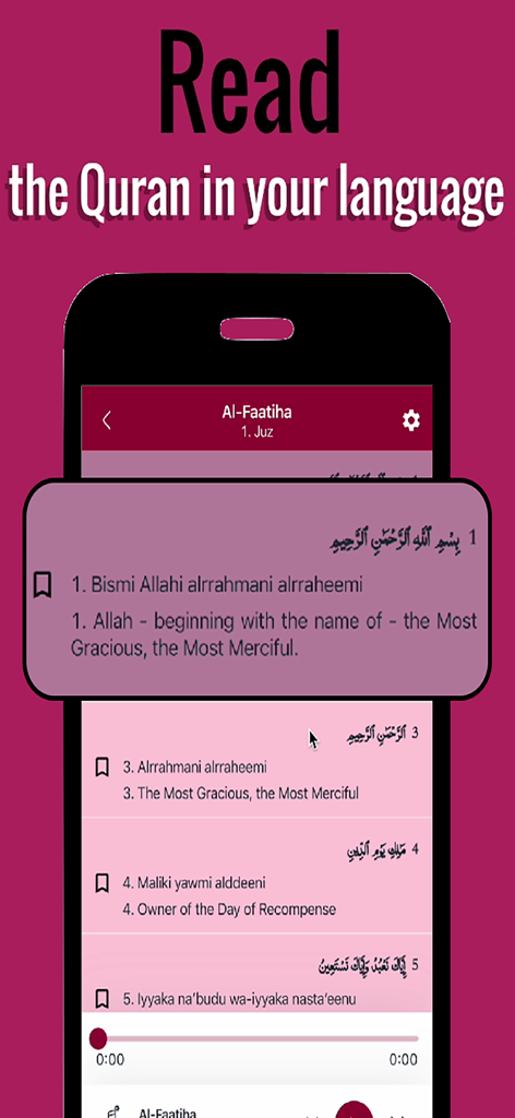 Quran Qat Pro - Muslim - Quran Qat Pro app interface showing the Quran in Arabic with English translation and transliteration