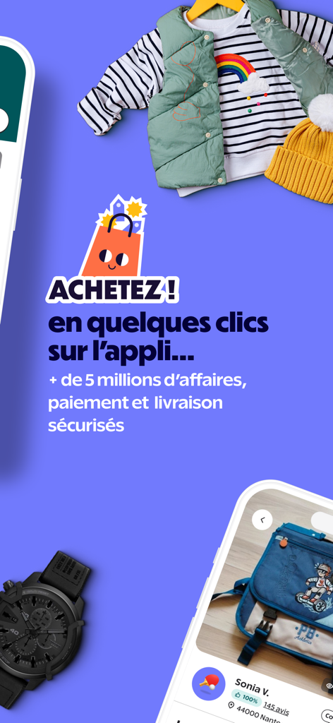 Promotional screenshot of the Beebs app showing baby clothes and a second-hand bag listing with secure payment features