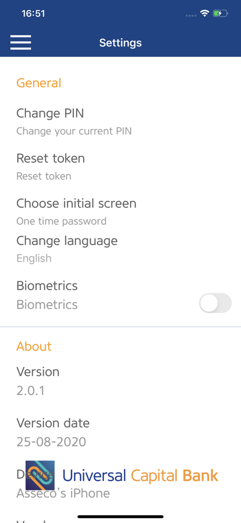 The settings screen of the UCB m-Token app showing general and security configuration options