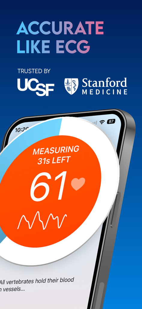 Instant Heart Rate app interface showing a 61 BPM measurement with UCSF and Stanford Medicine trust logos