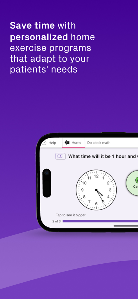 Pantalla de ejercicio de matemáticas con reloj en la aplicación Constant Therapy Clinician para programas personalizados para pacientes.