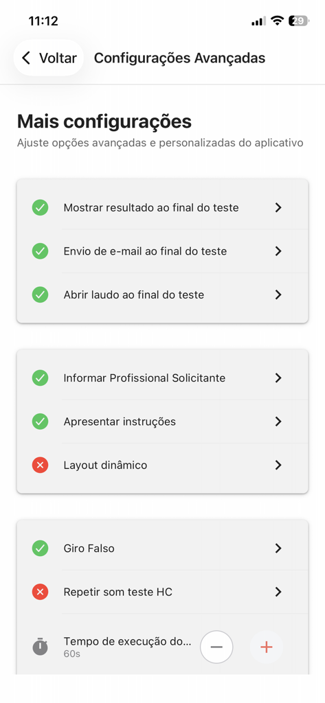 Noar Health - Advanced settings screen in the Noar Health app for configuring olfactory and cognitive test parameters