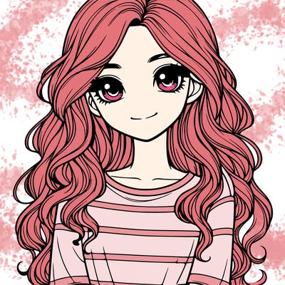 realistic girl with long, wavy hair and cute shirt