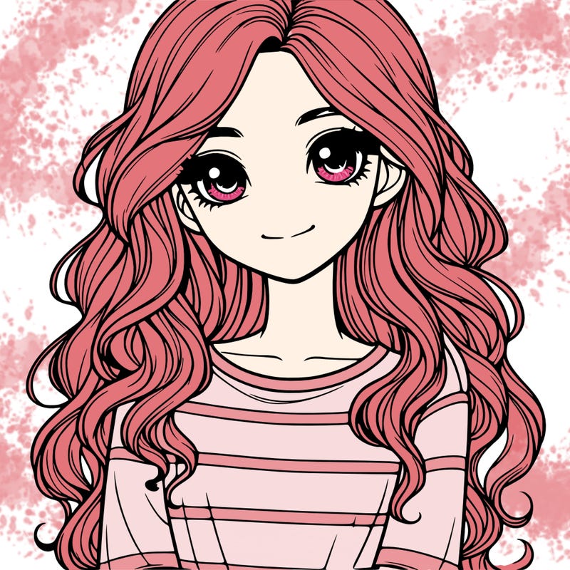 realistic girl with long, wavy hair and cute shirt