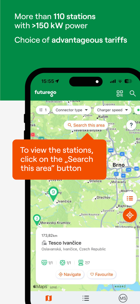 FUTUR/E/GO - Visão do mapa de estações de carregamento de VE no aplicativo móvel Futurego
