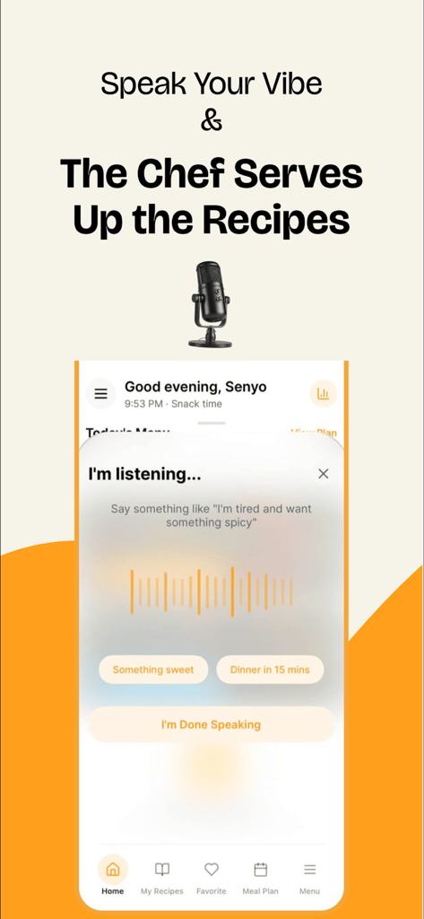 PocketChef - Meal Planner - Aplicación móvil PocketChef mostrando la interfaz de comando de voz por IA para buscar recetas por estado de ánimo y tiempo de cocción.