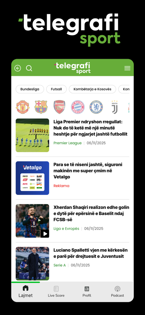 Telegrafi Sport - La aplicación móvil Telegrafi Sport mostrando un feed de noticias con titulares de fútbol internacional en albanés