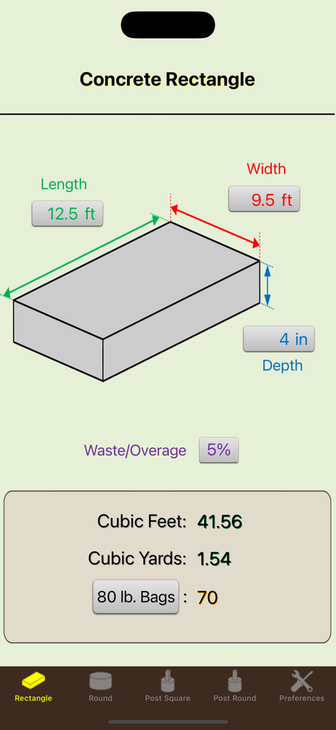 Concrete Calculator Elite app interface calculating volume and bag count for a rectangular slab