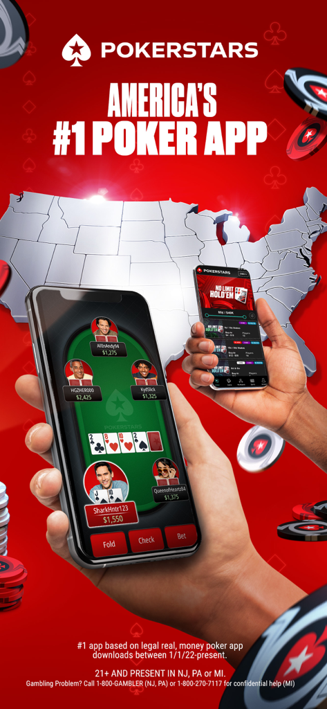 PokerStars Poker Real Money - Smartphone exibindo uma mesa de poker com dinheiro real PokerStars e lobby