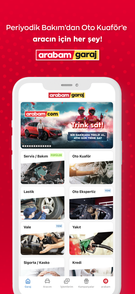 Mobile app screen showing car maintenance and financial services in Arabam Garaj